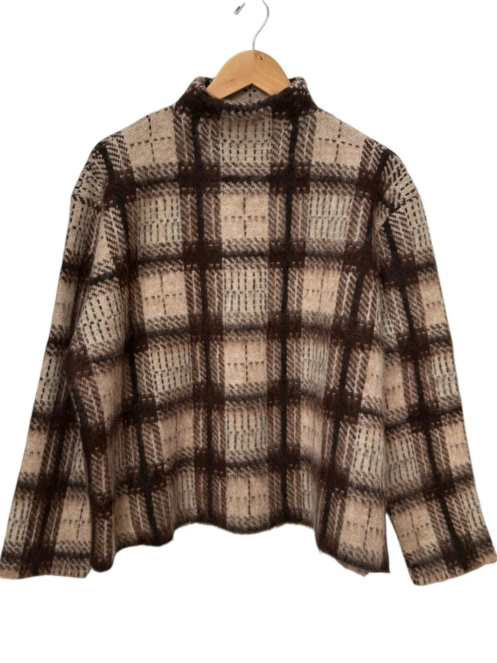 ZARA Plaid Mock Neck Sweater Fuzzy Brown Checked Cozy Boxy Pullover. XL. NEW. - Picture 2 of 9